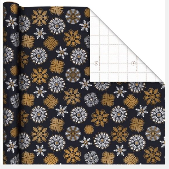 Hallmark Wrapping Paper Gold White Snowflakes on Black 35 sq ft Roll Holiday Gif - Picture 2 of 5